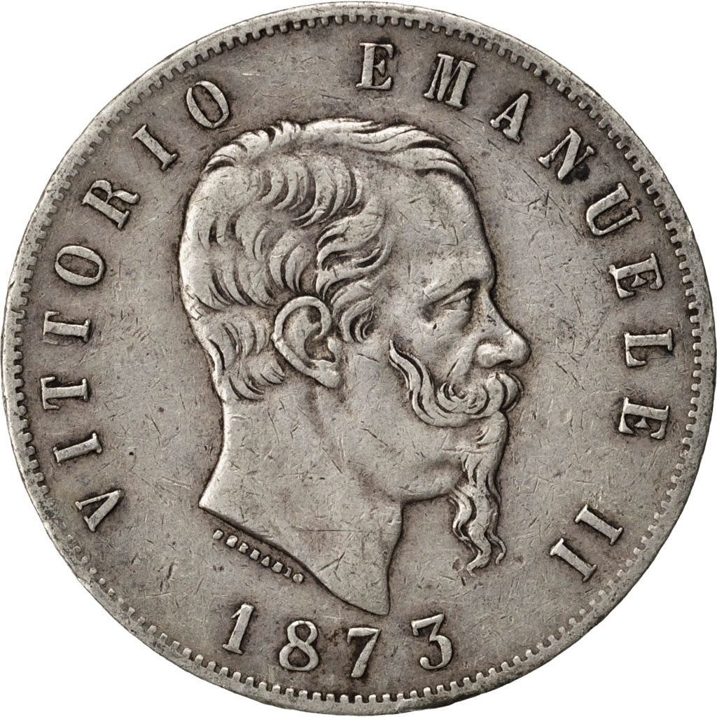 ITALY, 5 Lire, 1873, Milan, KM #8.3, EF(40-45), Silver, 24.80