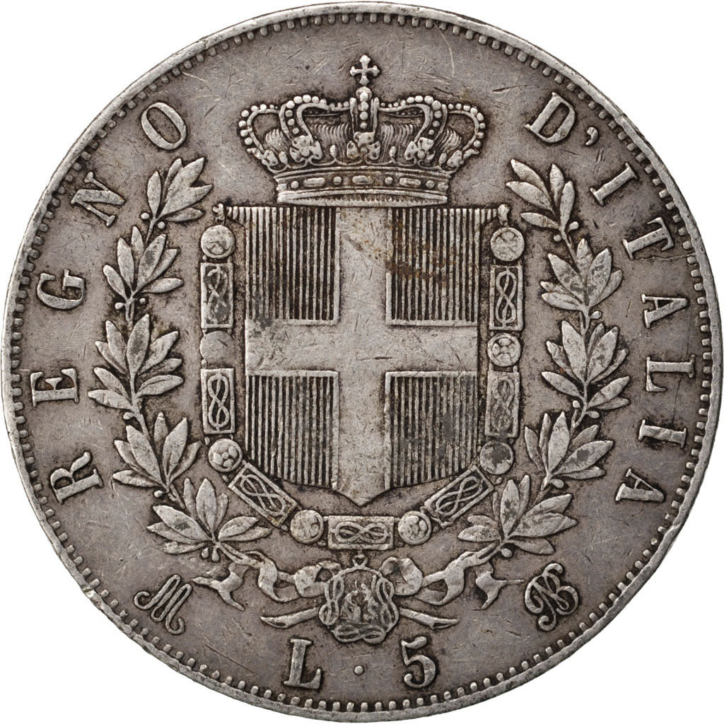 ITALY, 5 Lire, 1873, Milan, KM #8.3, EF(40-45), Silver, 24.80