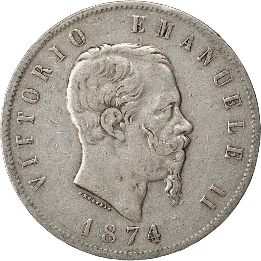 Coin, Italy, Vittorio Emanuele II, 5 Lire, 1874, Milan, VF(30-35), Silver