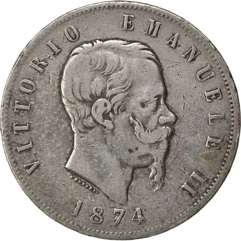 Coin, Italy, Vittorio Emanuele II, 5 Lire, 1874, Milan, VF(20-25), Silver