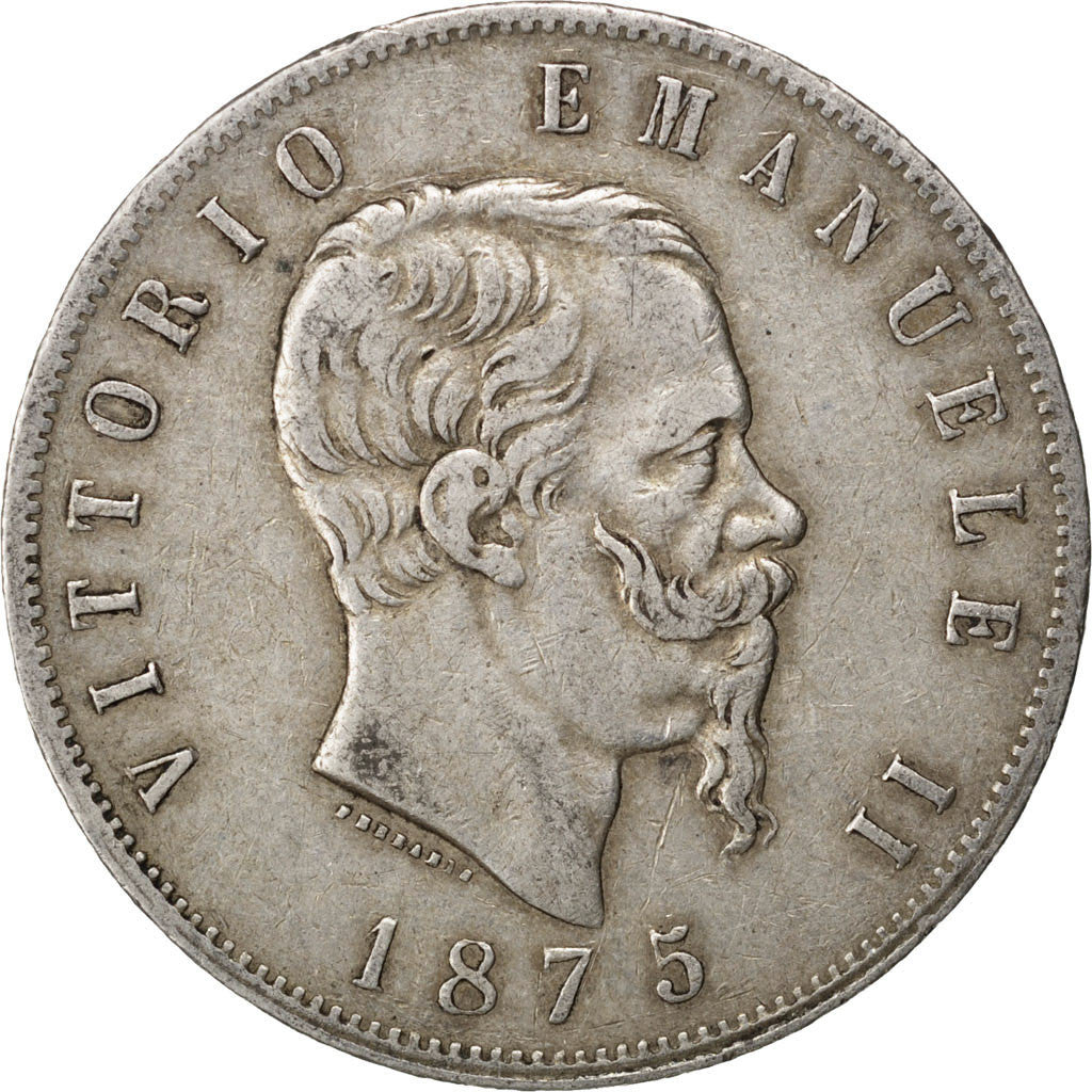 ITALY, 5 Lire, 1875, Milan, KM #8.3, VF(30-35), Silver, 24.80