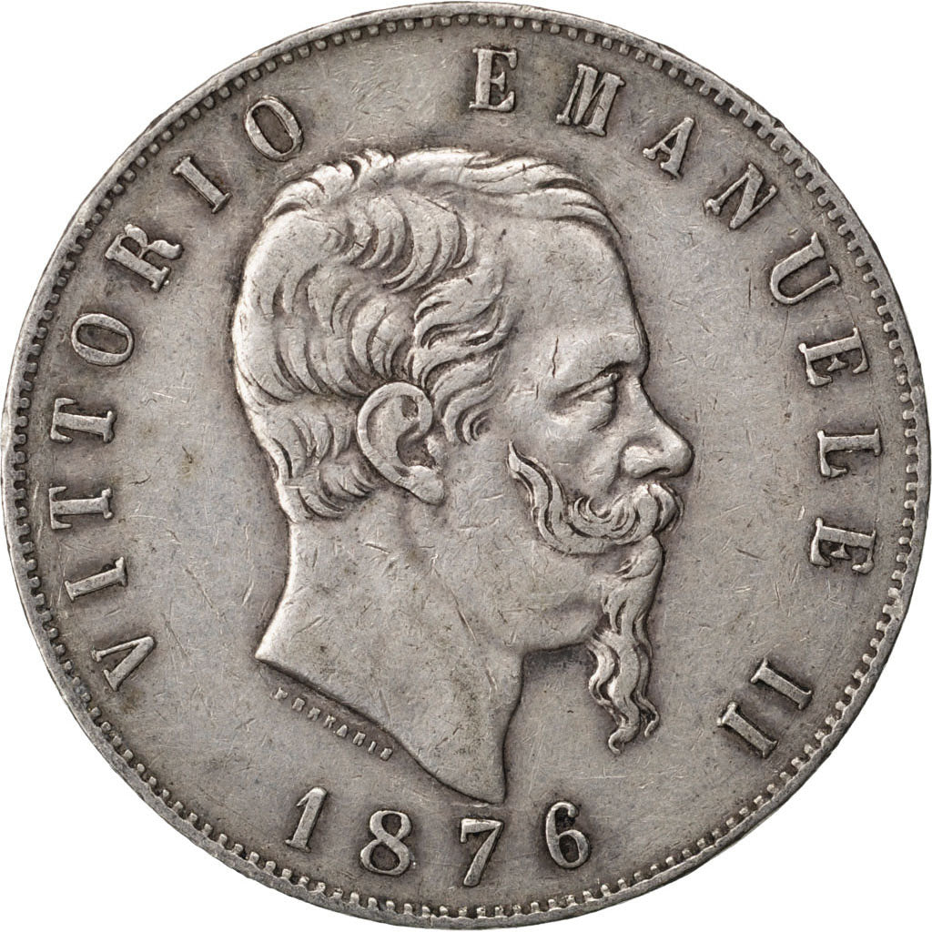 ITALY, 5 Lire, 1876, Rome, KM #8.4, VF(30-35), Silver, 24.85
