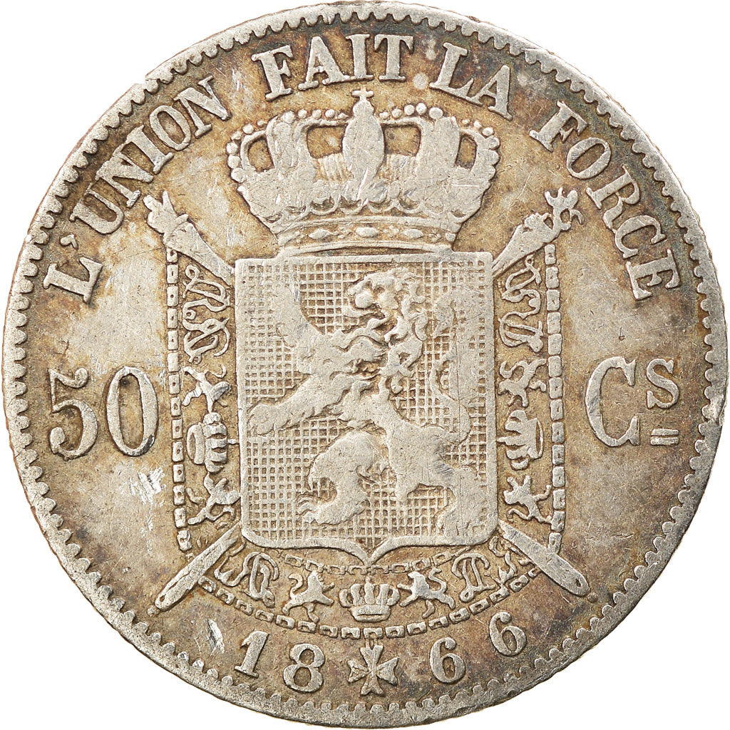 Coin, Belgium, Leopold II, 50 Centimes, 1866, VF(30-35), Silver, KM:26