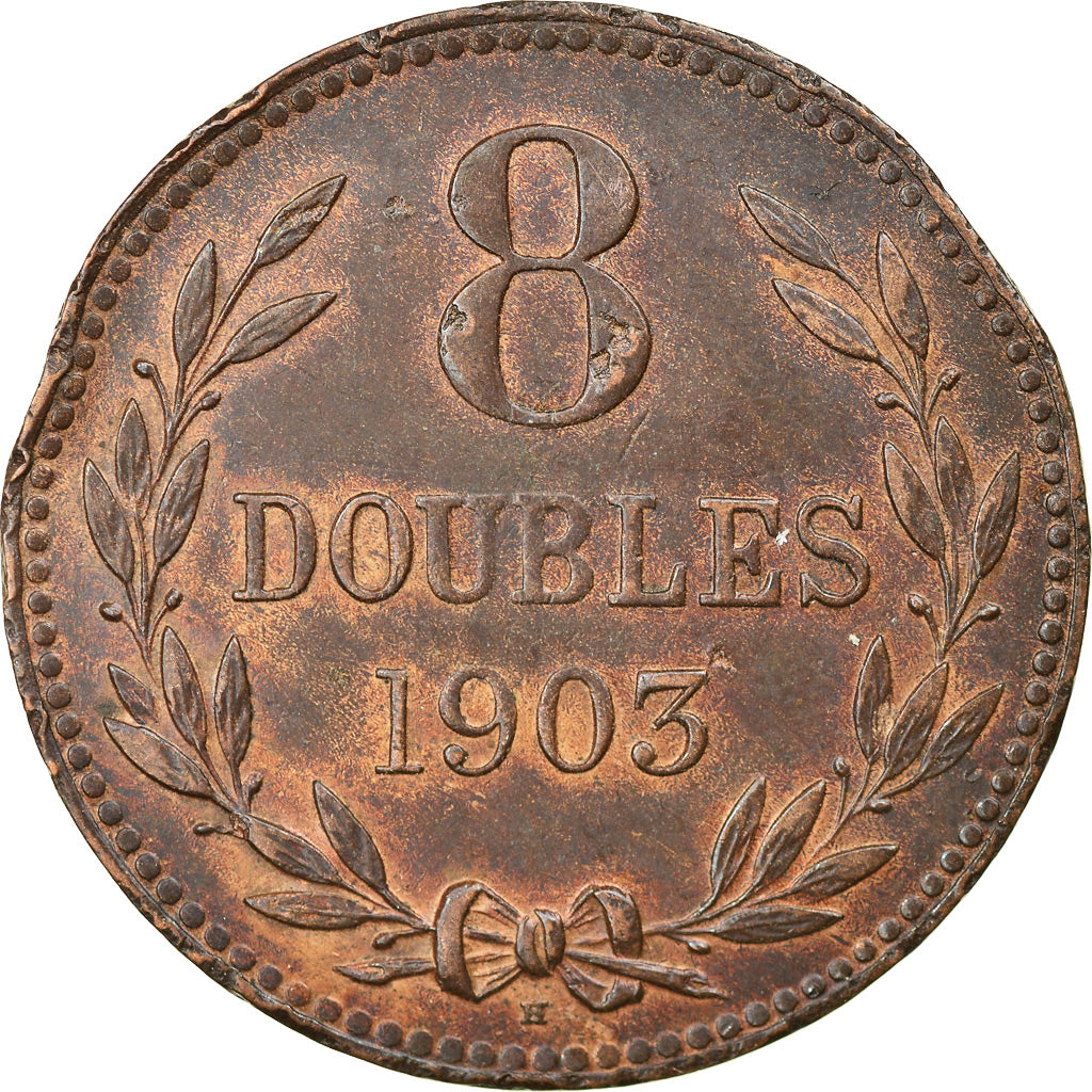 Coin, Guernsey, 8 Doubles, 1903, Heaton, Birmingham, EF(40-45), Bronze, KM:7