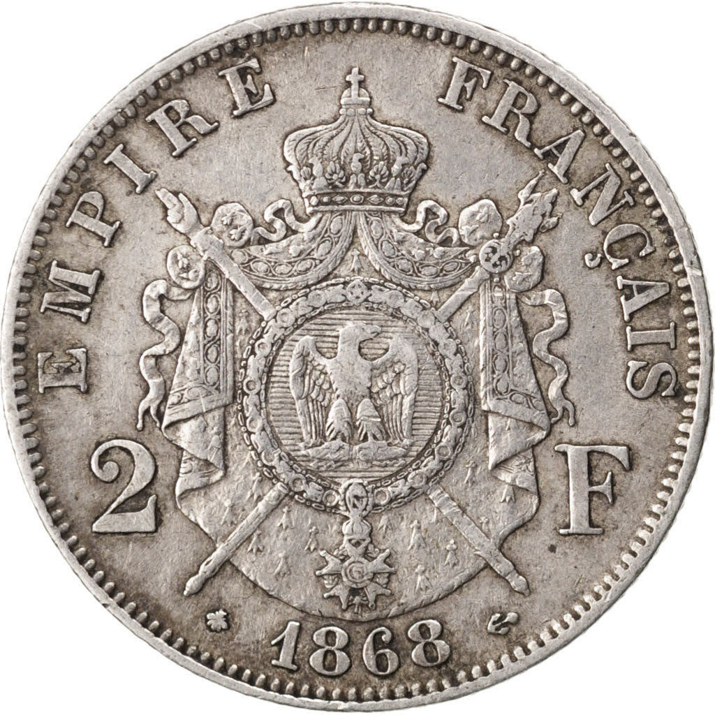 Francia, Napoleon III, Napoléon III, 2 Francs, 1868, Paris, BB, Argento, KM:...