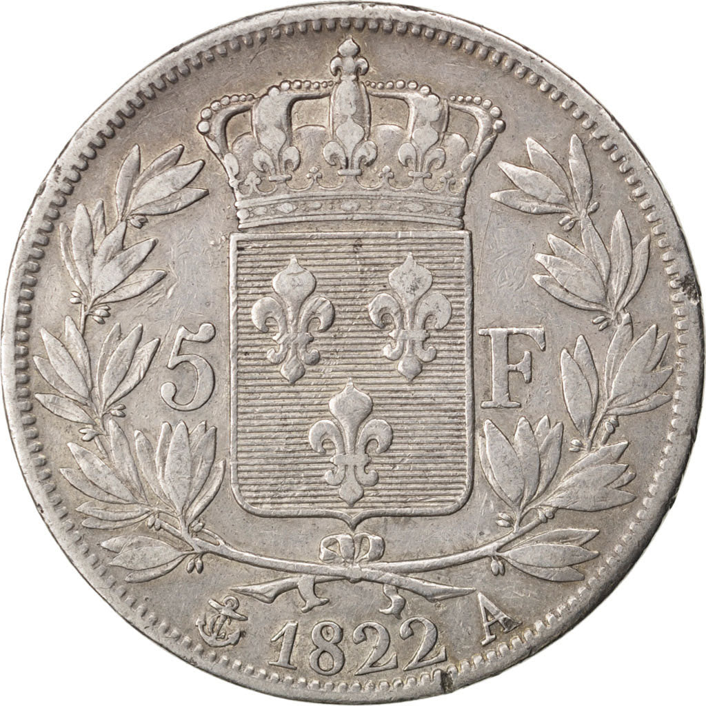 FRANCE, Louis XVIII, 5 Francs, 1822, Paris, KM #711.1, EF(40-45), Silver,...