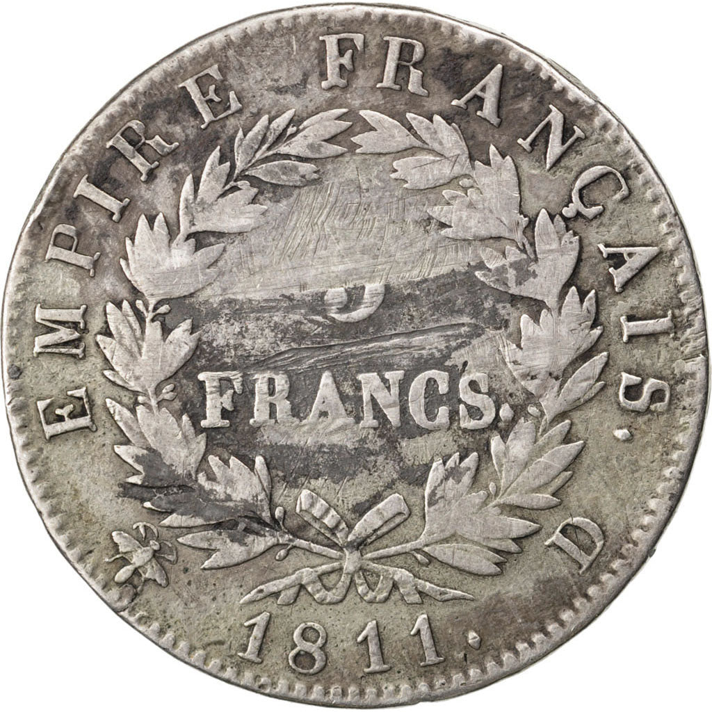 FRANCE, Napoléon I, 5 Francs, 1811, Lyon, KM #694.5, VF(20-25), Silver, 24.28