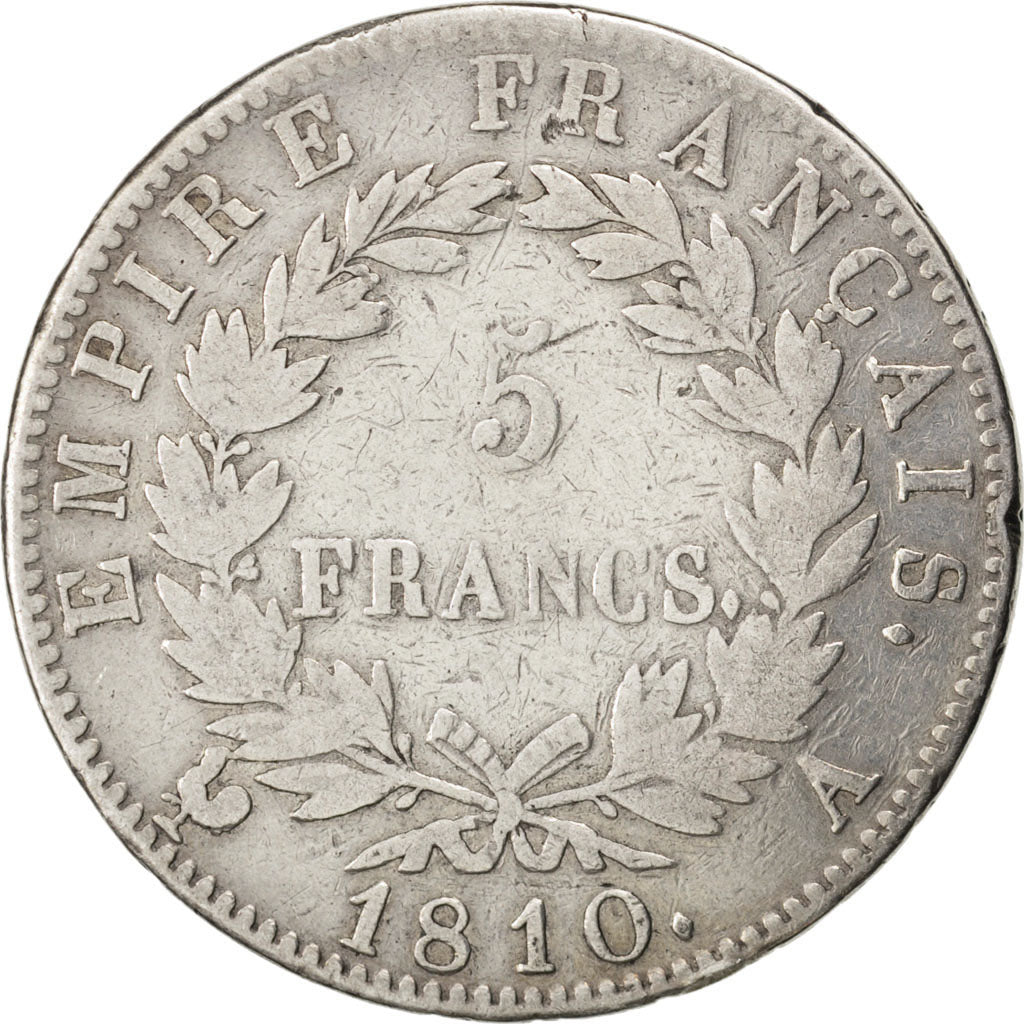 FRANCE, Napoléon I, 5 Francs, 1810, Paris, KM #694.1, VF(20-25), Silver, Gadoury