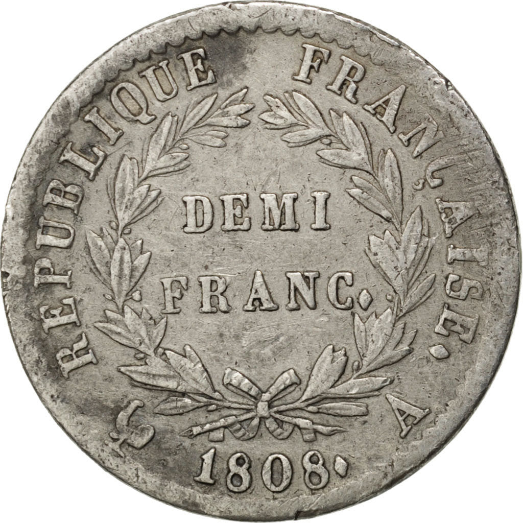 FRANCE, Napoléon I, 1/2 Franc, 1808, Paris, KM #680.1, VF(30-35), Silver, Gadour