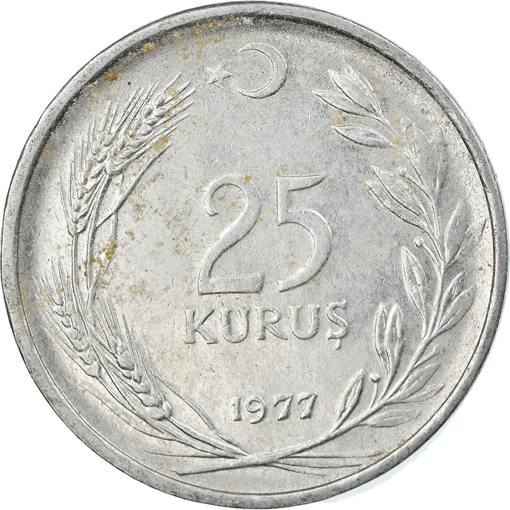 Moneta, Turchia, 25 Kurus, 1977, BB, Acciaio inossidabile, KM:892.3