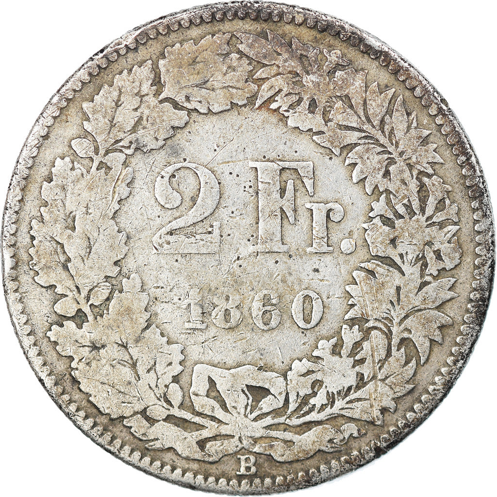 Coin, Switzerland, 2 Francs, 1860, Bern, VF(20-25), Silver, KM:10a