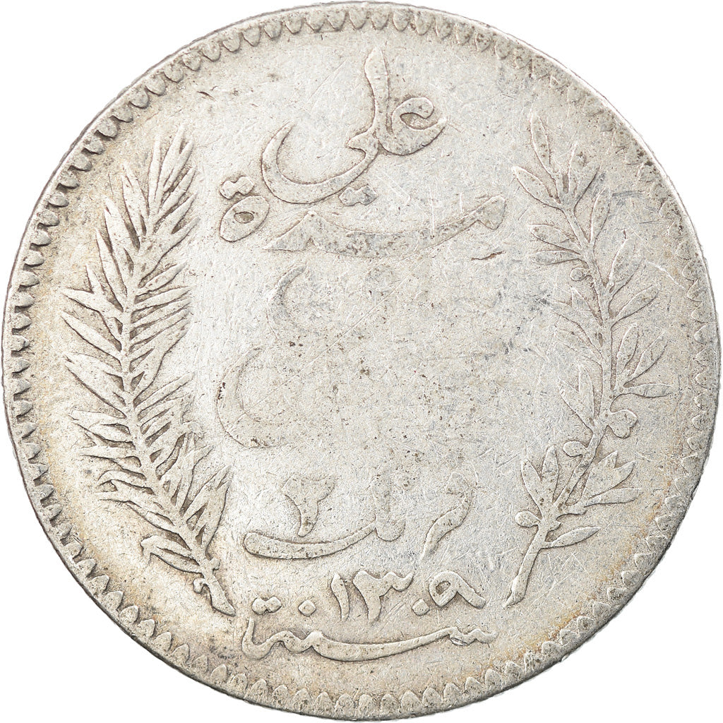Coin, Tunisia, Ali Bey, 2 Francs, 1892, Paris, VF(20-25), Silver, KM:225