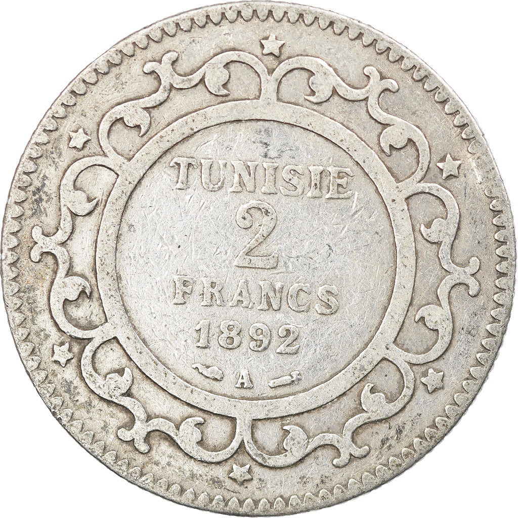 Coin, Tunisia, Ali Bey, 2 Francs, 1892, Paris, VF(20-25), Silver, KM:225