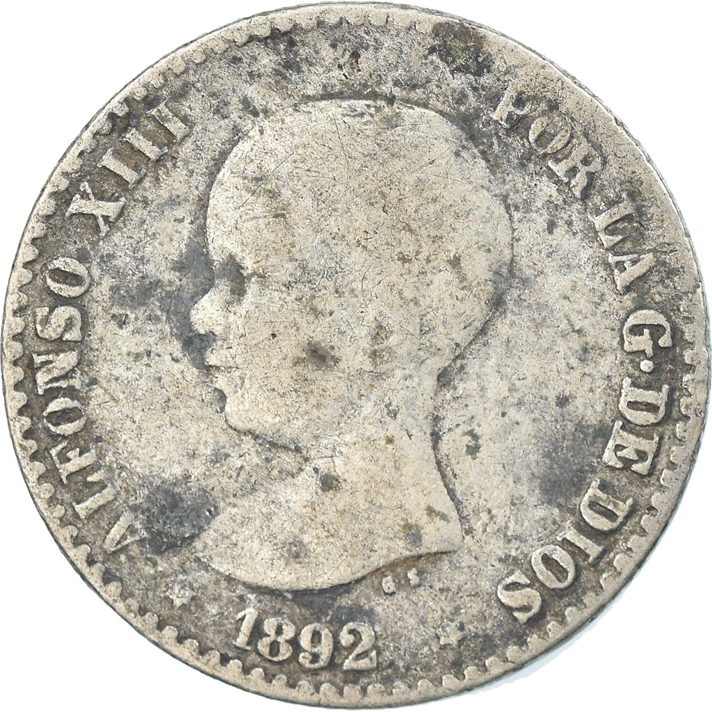 Moneta, Spagna, Alfonso XIII, 50 Centimos, 1892, Madrid, MB, Argento, KM:690