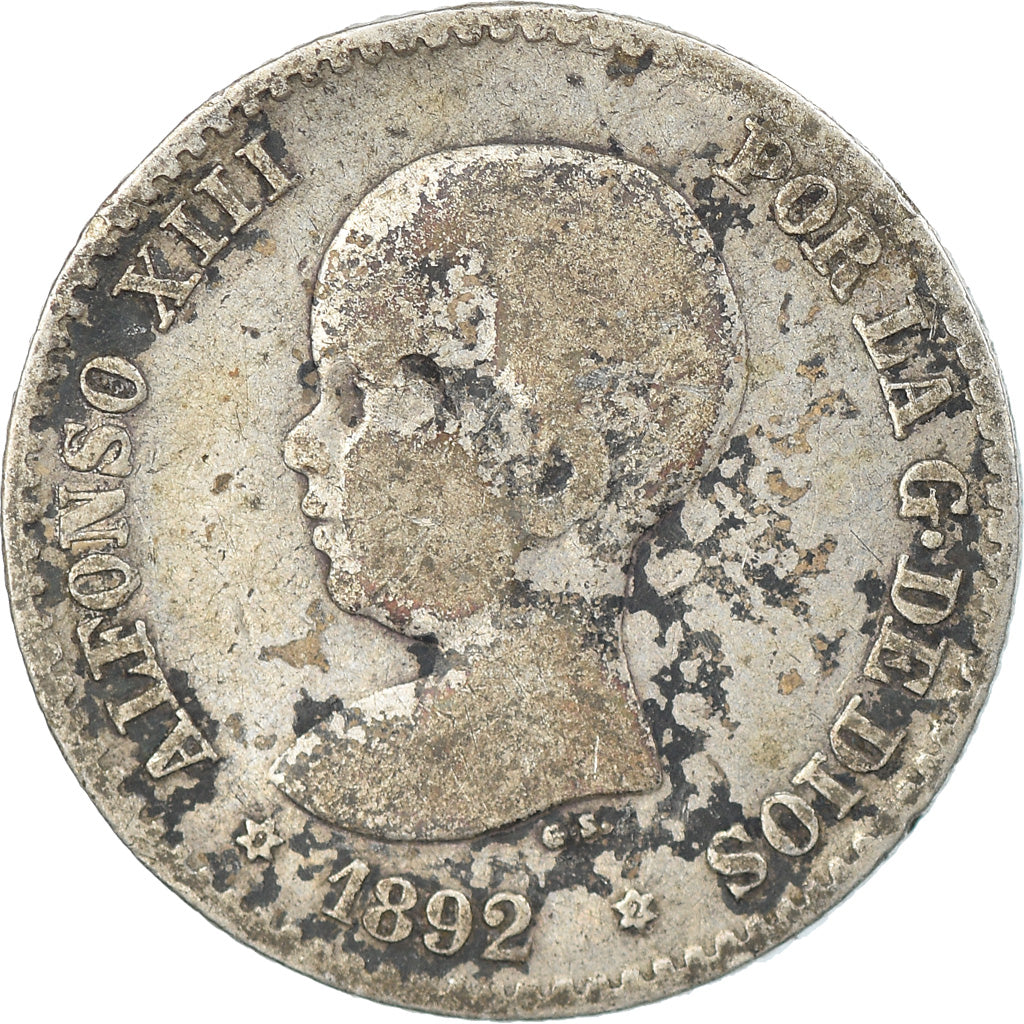 Moneta, Spagna, Alfonso XIII, 50 Centimos, 1892, Madrid, MB, Argento, KM:690