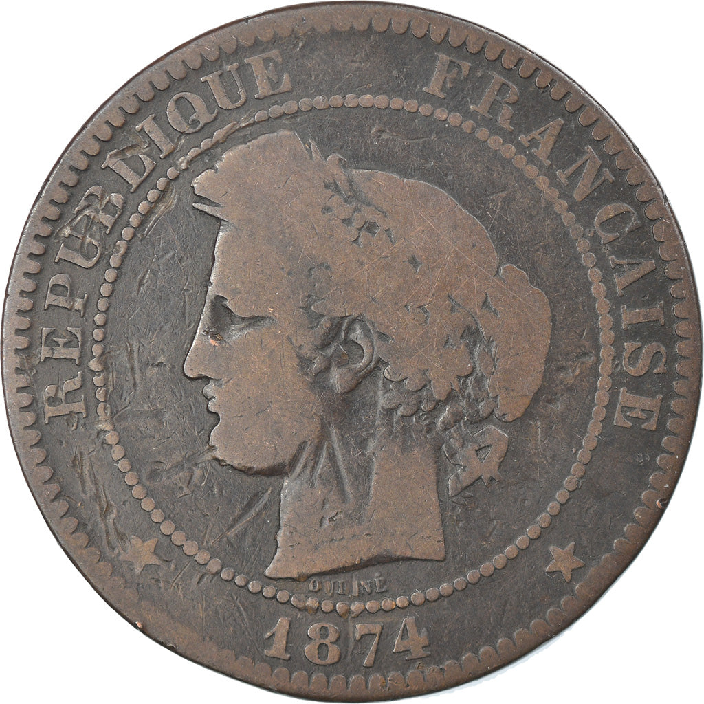 Coin, France, Cérès, 10 Centimes, 1874, Bordeaux, VG(8-10), Bronze, KM:815.2