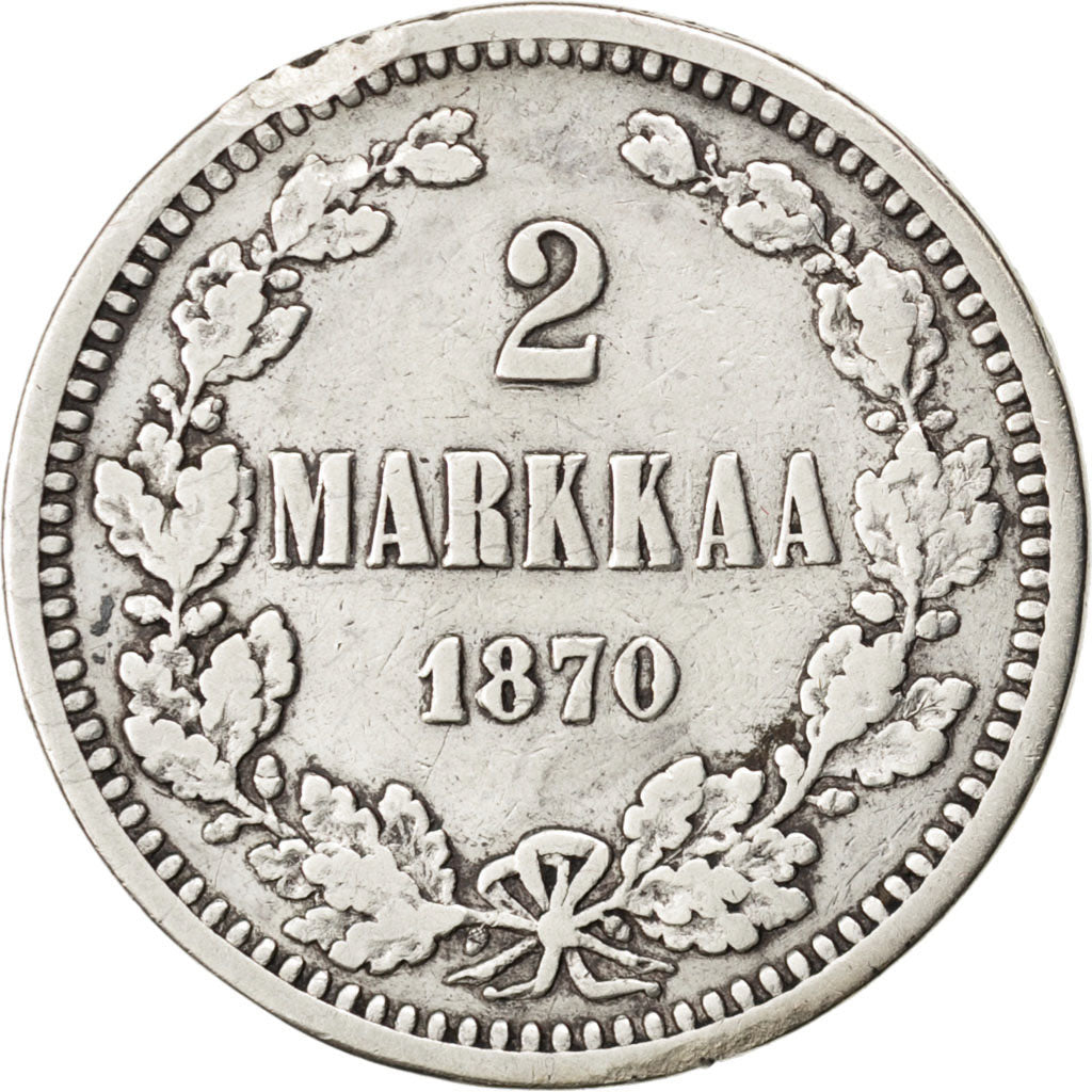 FINLAND, 2 Markkaa, 1870, KM #7.1, VF(20-25), Silver, 27.5, 10.11