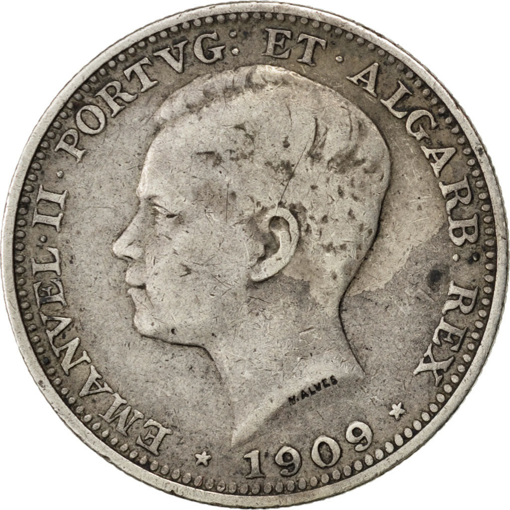PORTUGAL, 200 Reis, 1909, Paris, KM #549, VF(20-25), Silver, 4.86