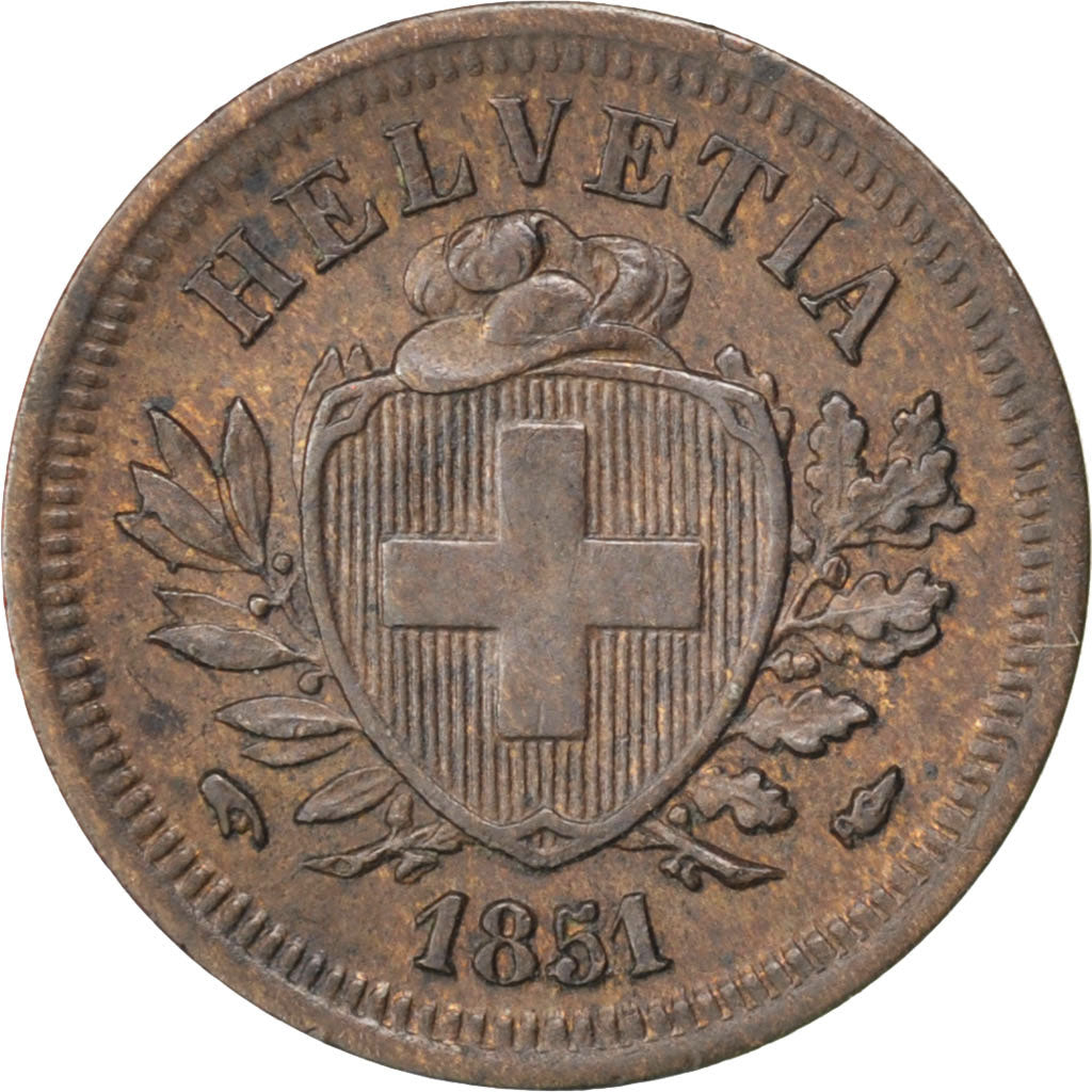 SWITZERLAND, Rappen, 1851, KM #3.1, AU(55-58), Bronze, 1.47