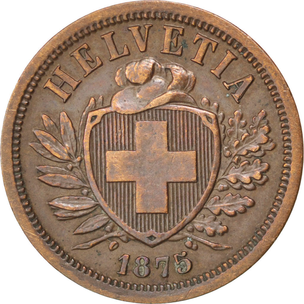 SWITZERLAND, 2 Rappen, 1875, KM #4.1, AU(50-53), Bronze, 20, 2.39