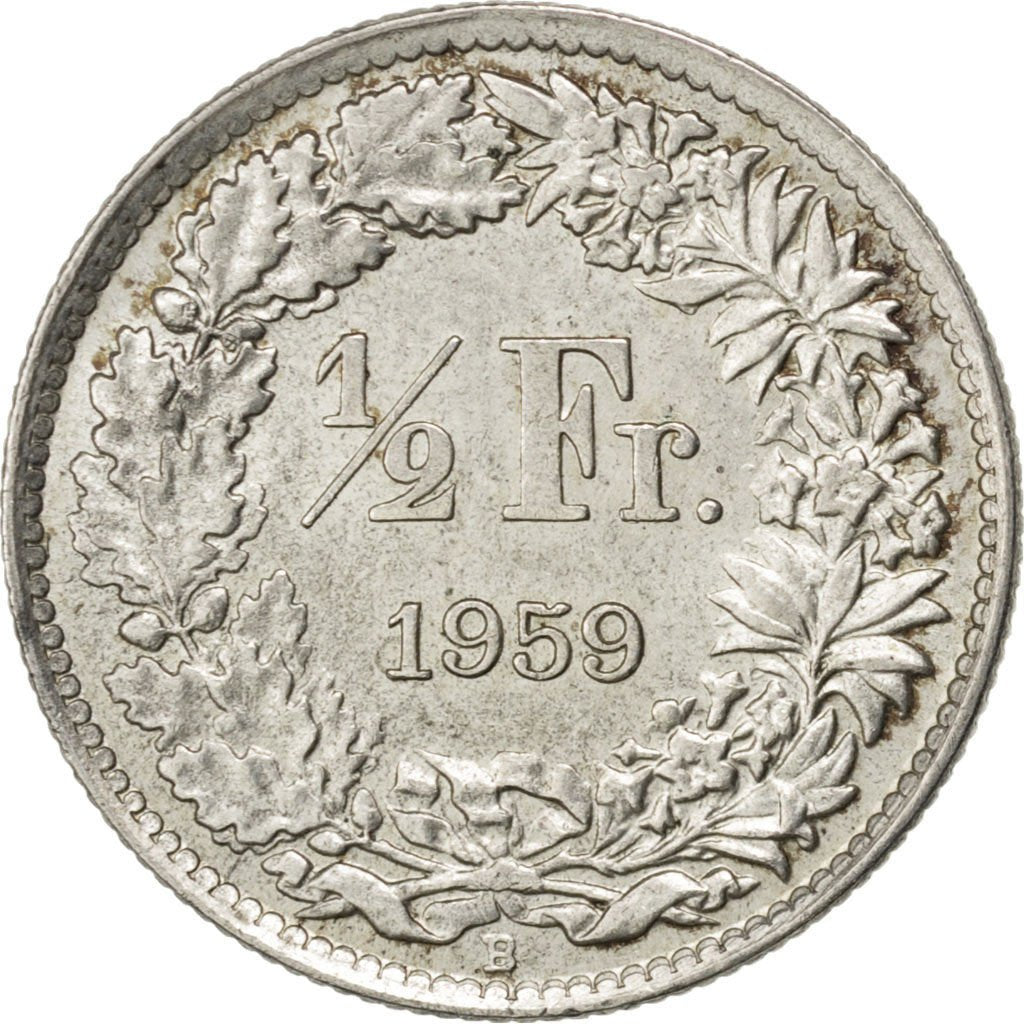 SWITZERLAND, 1/2 Franc, 1959, Bern, KM #23, AU(50-53), Silver, 18.2, 2.51