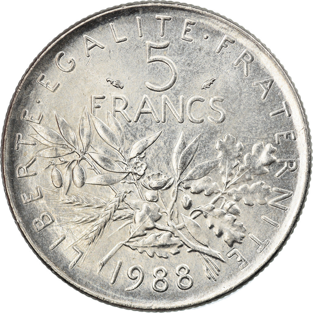 France, Semeuse, 5 Francs, 1988, Paris, AU(55-58), Nickel Clad Copper-Nickel