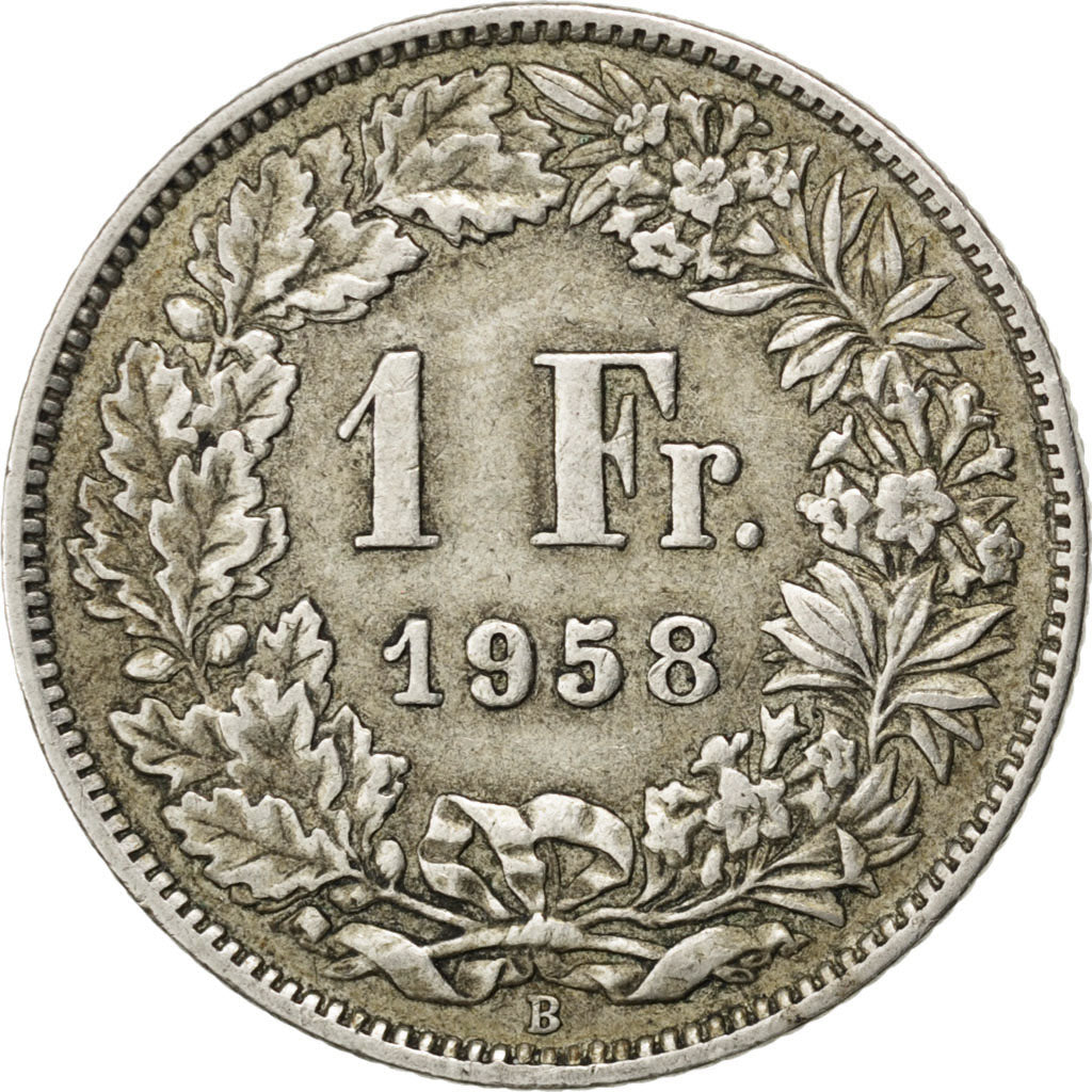 SWITZERLAND, Franc, 1958, KM #24, EF(40-45), Silver, 23.2, 5.01