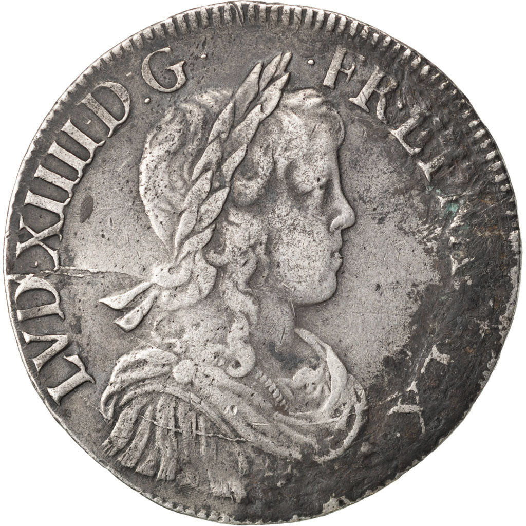 FRANCE, Écu à la mèche longue, ECU, 1652, Rouen, KM #155.2, VF(30-35), Silver, G