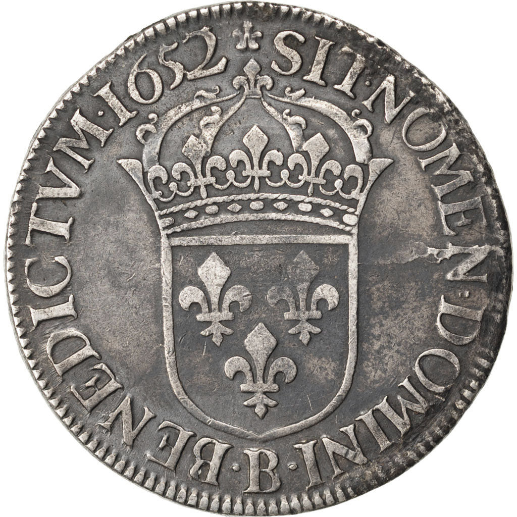 FRANCE, Écu à la mèche longue, ECU, 1652, Rouen, KM #155.2, VF(30-35), Silver, G