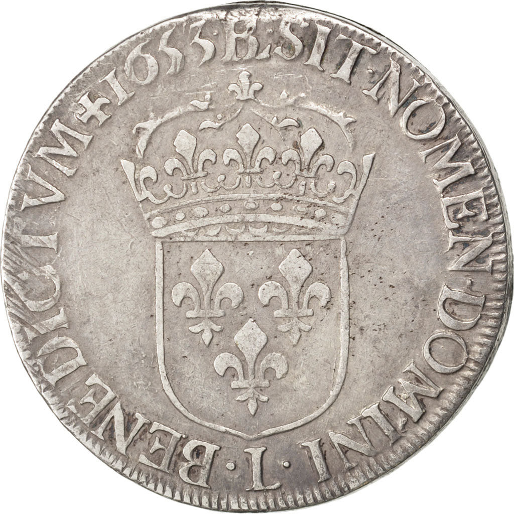 FRANCE, Écu à la mèche longue, ECU, 1653, Bayonne, KM #155.10, VF(30-35), Silver