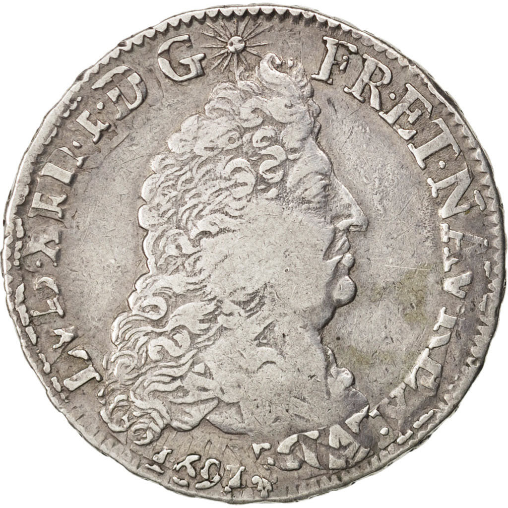 FRANCE, 1/2 Ecu, 1691, Toulouse, KM #273.10, VF(30-35), Silver, Gadoury #184,...