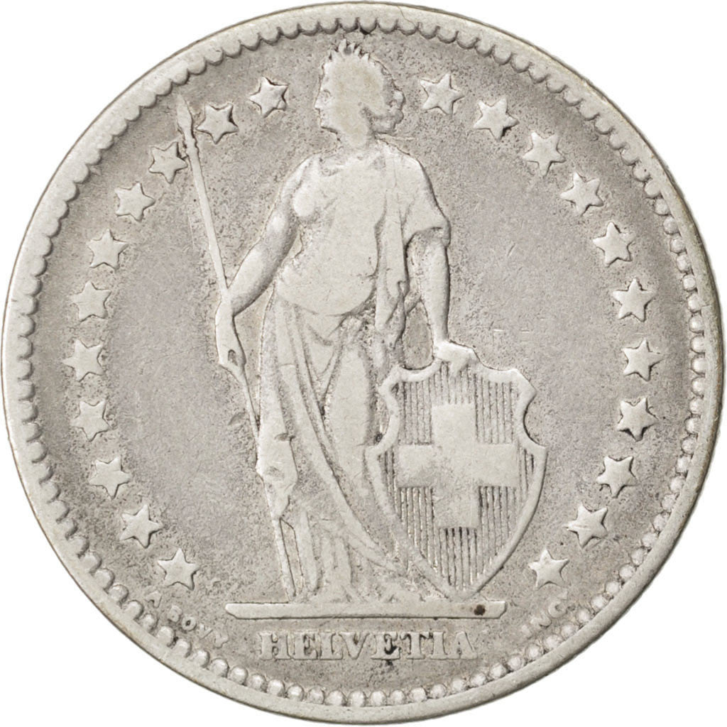 SWITZERLAND, 2 Francs, 1875, KM #21, VF(30-35), Silver, 27.4, 9.68
