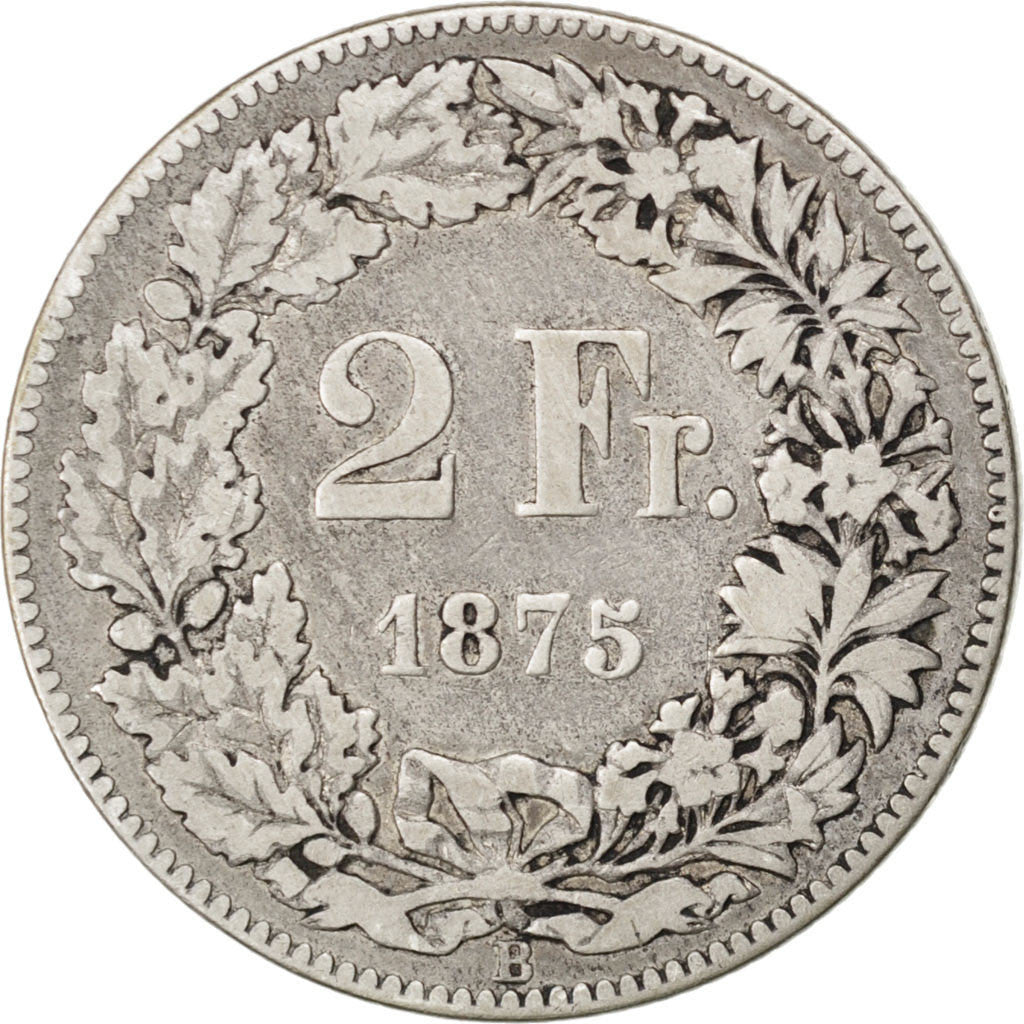 SWITZERLAND, 2 Francs, 1875, KM #21, VF(30-35), Silver, 27.4, 9.68