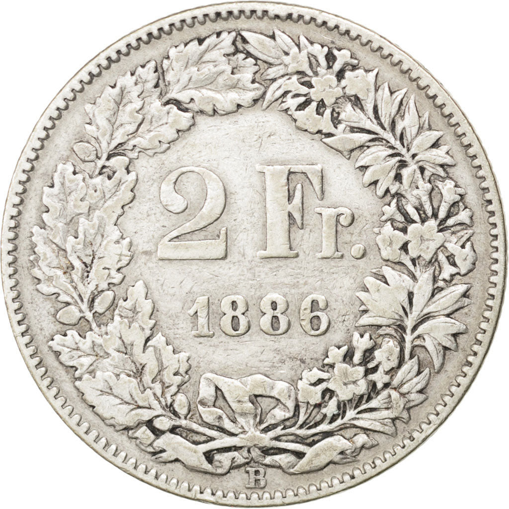 SWITZERLAND, 2 Francs, 1886, KM #21, VF(20-25), Silver, 27.4, 9.72