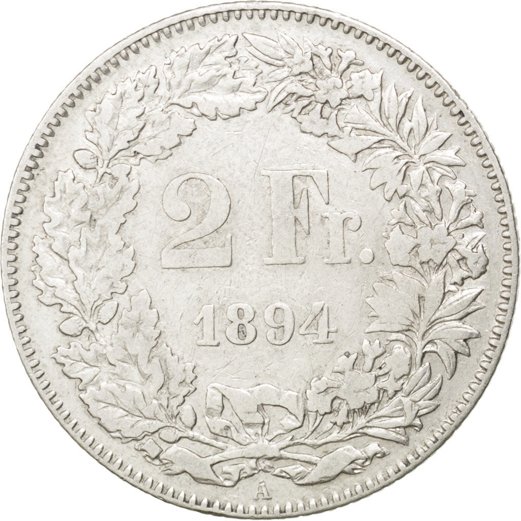 SWITZERLAND, 2 Francs, 1894, KM #21, VF(30-35), Silver, 27.4, 9.83