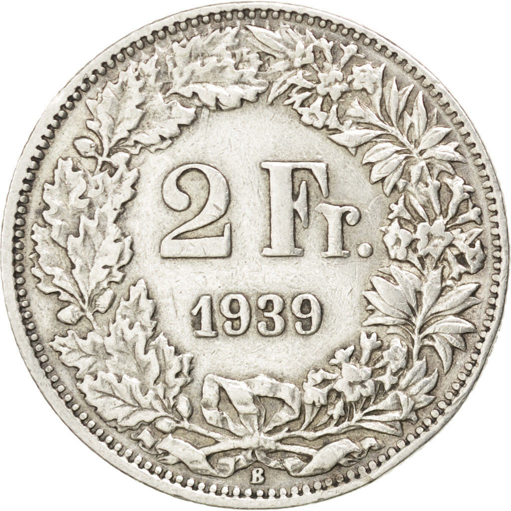 SWITZERLAND, 2 Francs, 1939, KM #21, EF(40-45), Silver, 27.4, 9.91