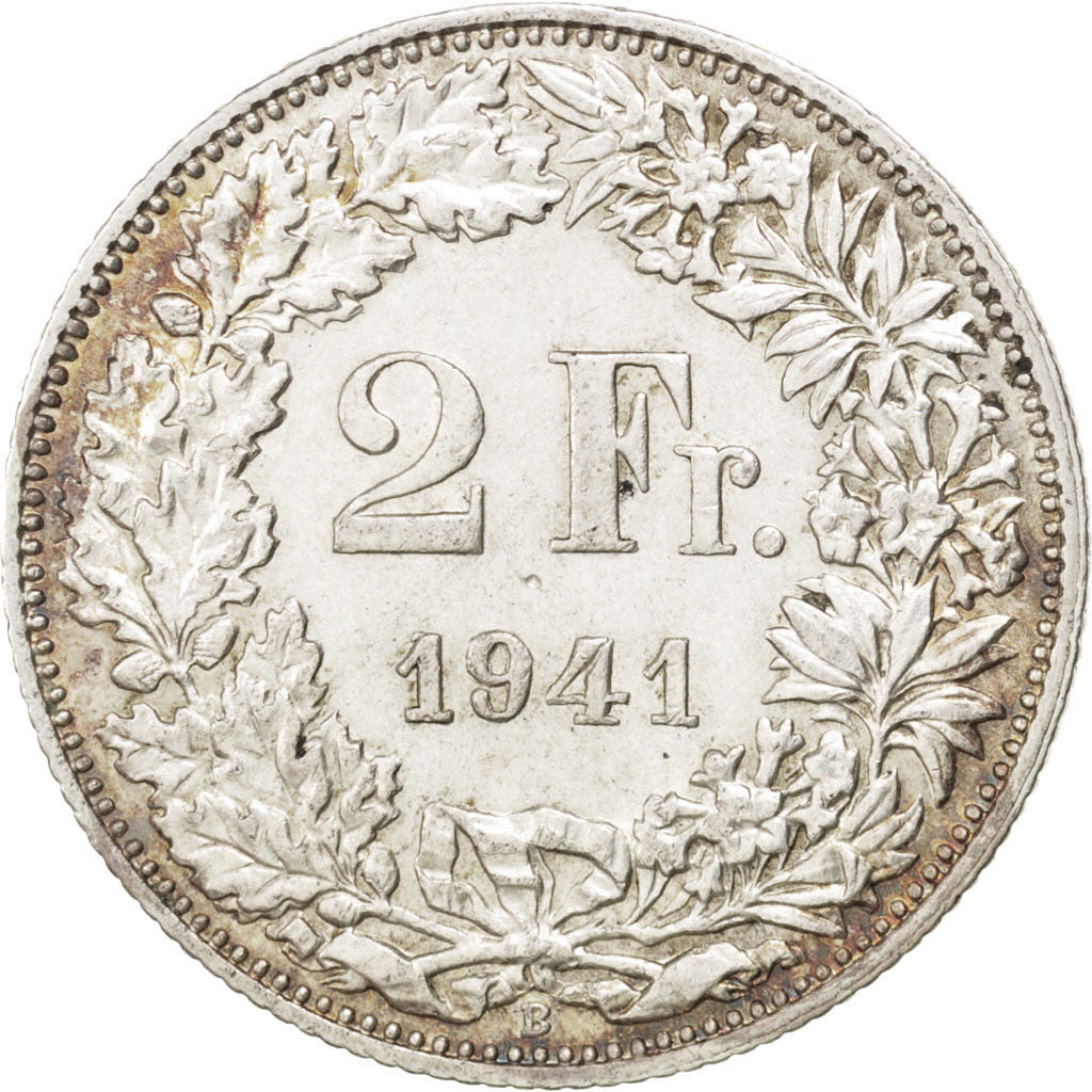 SWITZERLAND, 2 Francs, 1941, KM #21, AU(55-58), Silver, 27.4, 9.97