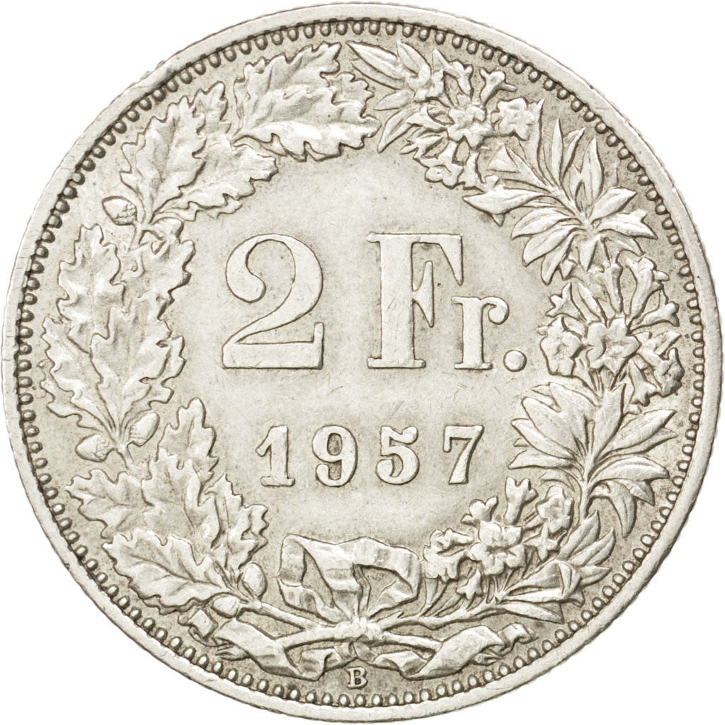 SWITZERLAND, 2 Francs, 1957, KM #21, AU(50-53), Silver, 27.4, 9.98