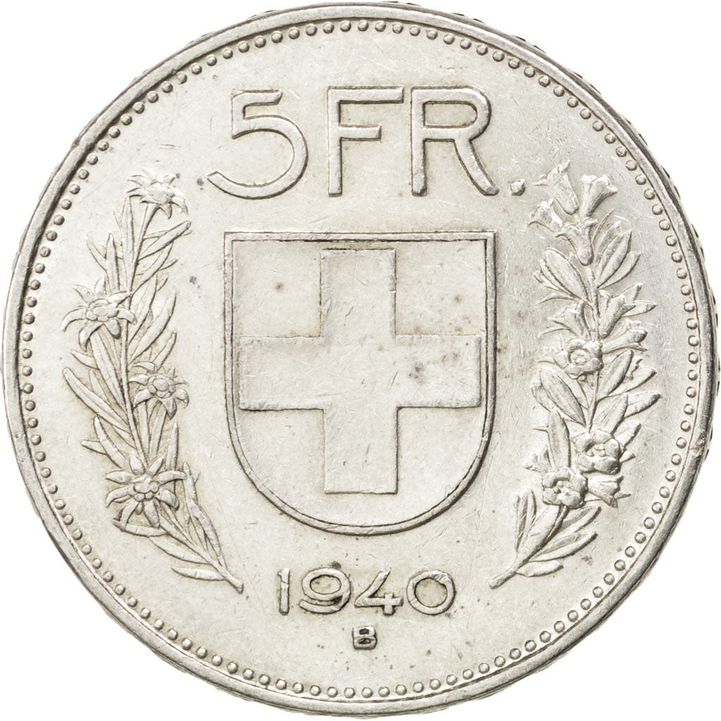SWITZERLAND, 5 Francs, 1940, Bern, KM #40, AU(50-53), Silver, 31.45, 15.04