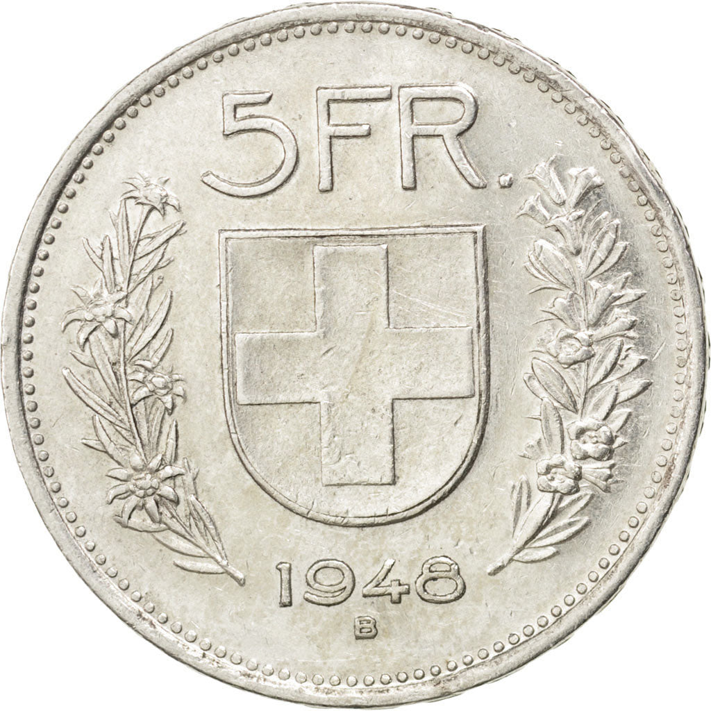 SWITZERLAND, 5 Francs, 1948, Bern, KM #40, AU(50-53), Silver, 31.45, 14.89