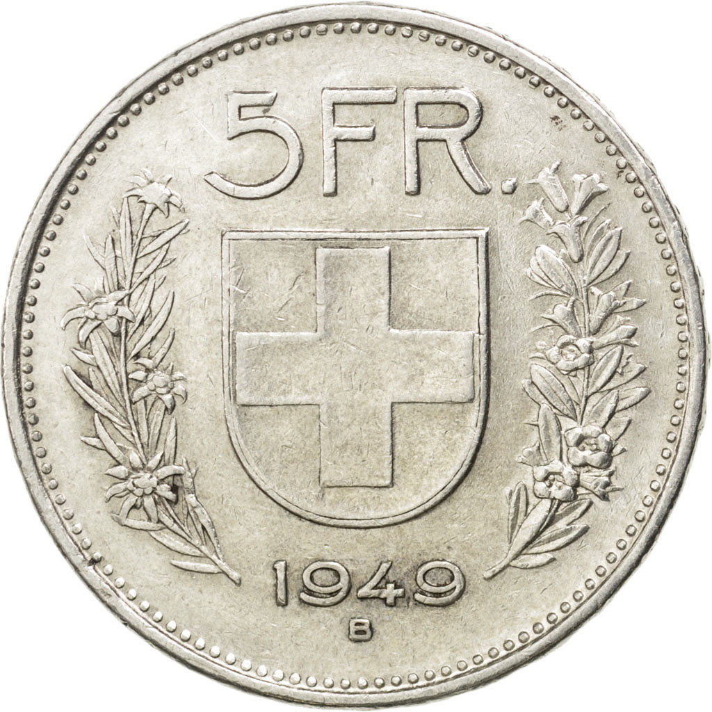 Svizzera, 5 Francs, 1949, BB, Argento, KM:40