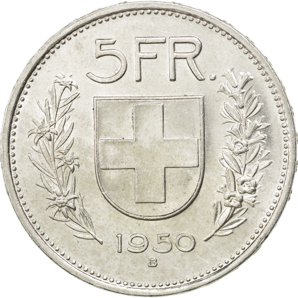SWITZERLAND, 5 Francs, 1950, Bern, KM #40, AU(55-58), Silver, 31.45, 15.00