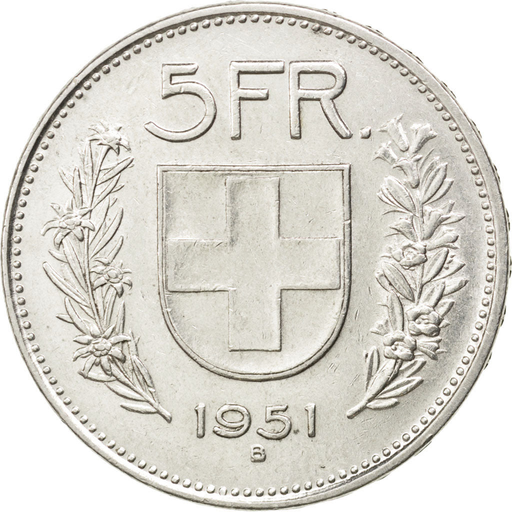 SWITZERLAND, 5 Francs, 1951, Bern, KM #40, AU(50-53), Silver, 31.45, 14.94