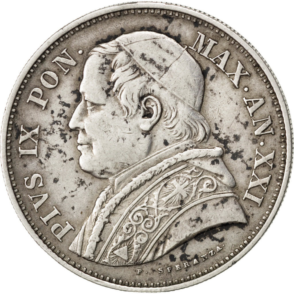 ITALIAN STATES, 2-1/2 Lire, 1867, Roma, KM #1384, AU(50-53), Silver, 12.45