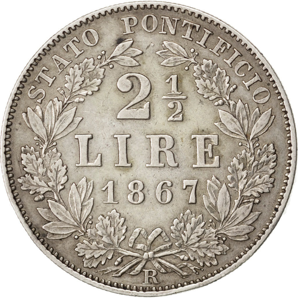 ITALIAN STATES, 2-1/2 Lire, 1867, Roma, KM #1384, AU(50-53), Silver, 12.45