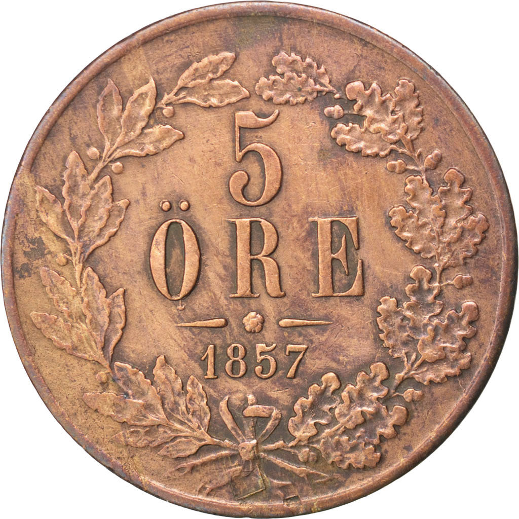 SWEDEN, 5 Ore, 1857, KM #690, EF(40-45), Bronze, 28.9, 8.24