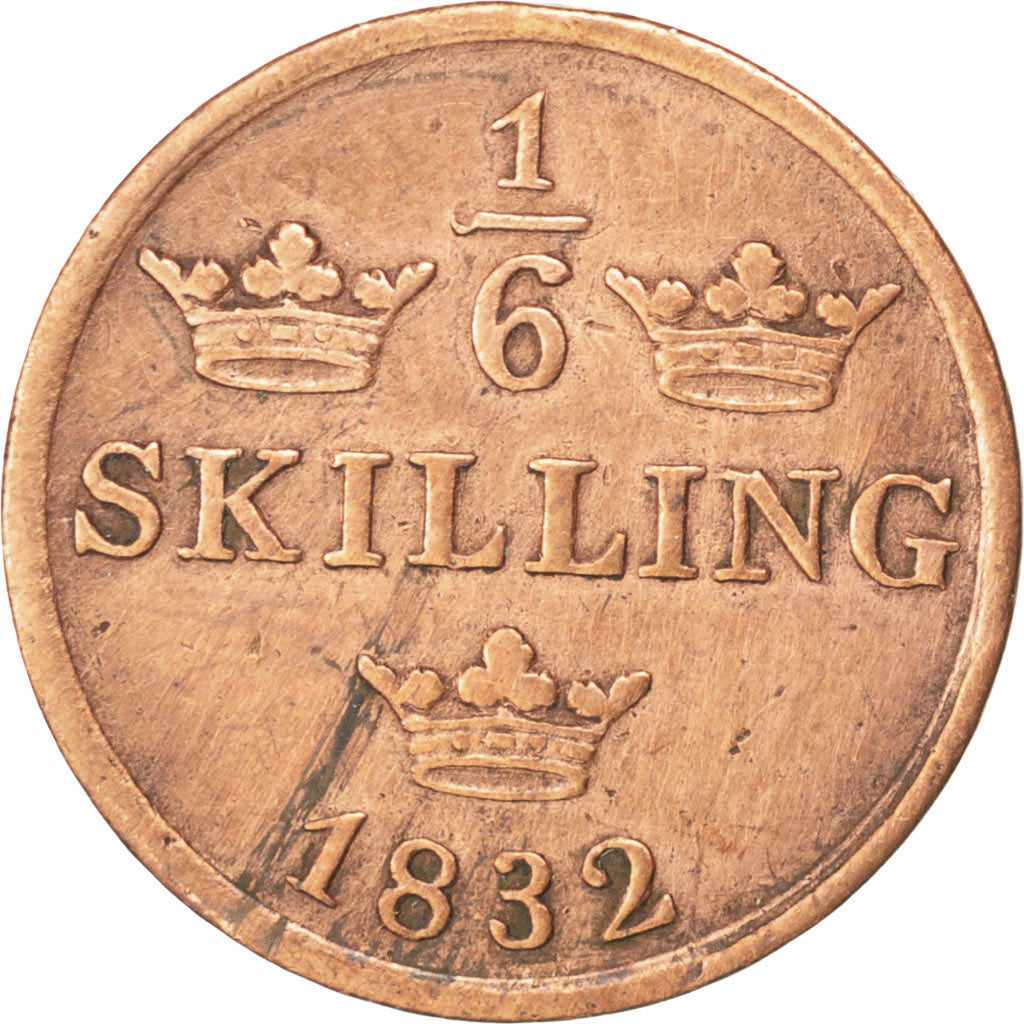 SWEDEN, 1/6 Skilling, 1832, KM #633, EF(40-45), Copper, 19, 2.71