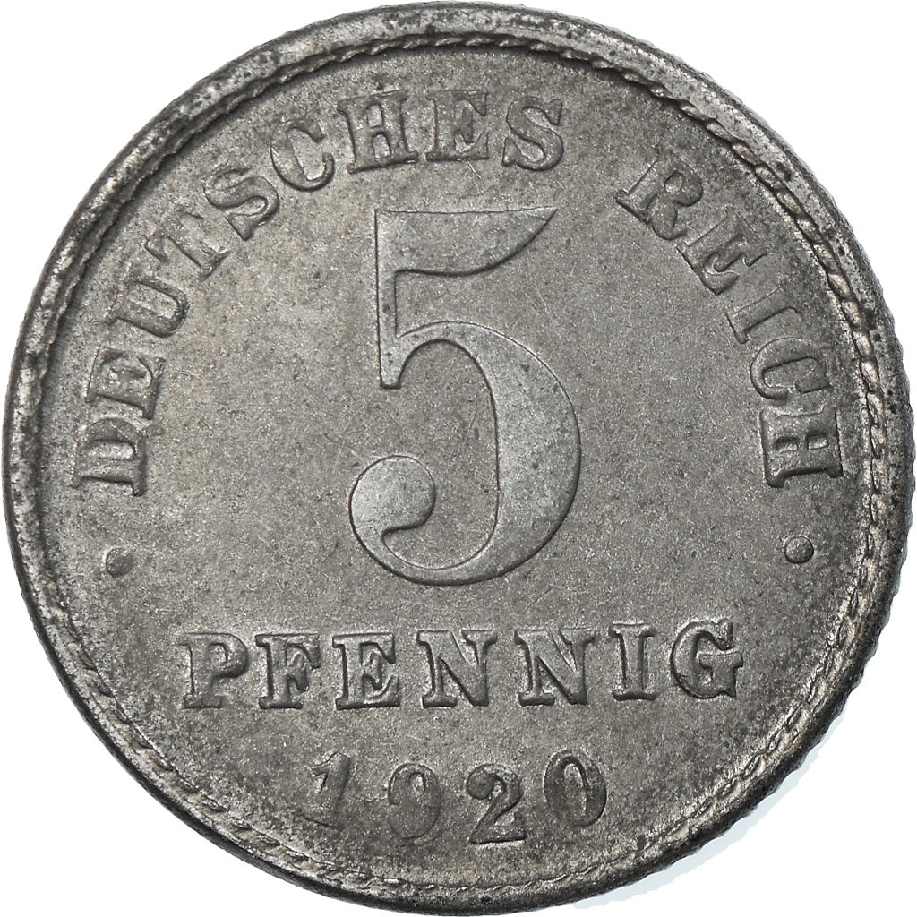 Coin, GERMANY - EMPIRE, 5 Pfennig, 1920, Karlsruhe, EF(40-45), Iron, KM:19