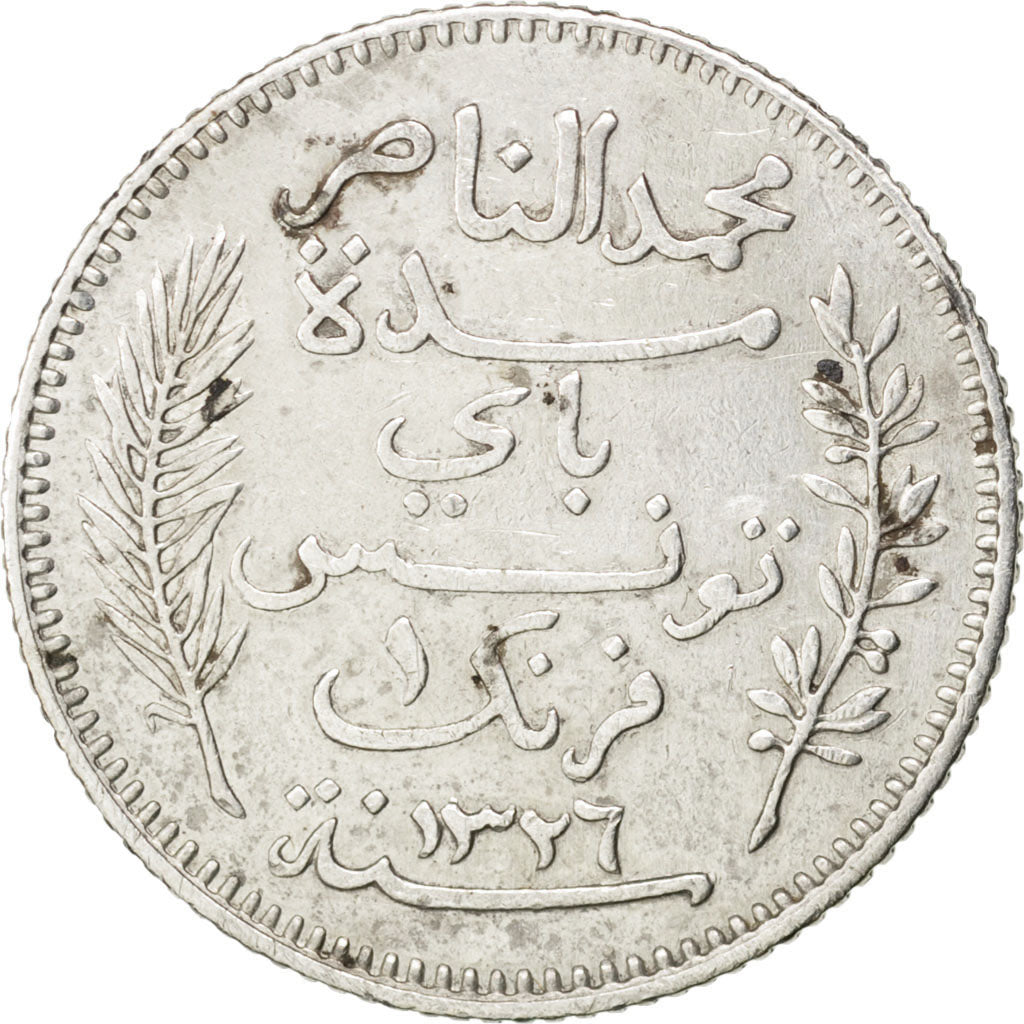 TUNISIA, Franc, 1908, Paris, KM #238, EF(40-45), Silver, 4.92