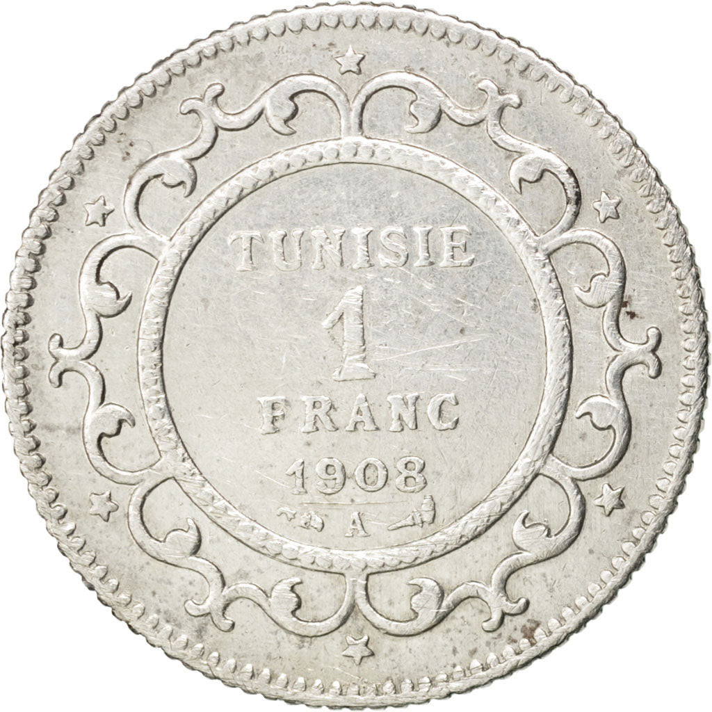 TUNISIA, Franc, 1908, Paris, KM #238, EF(40-45), Silver, 4.92